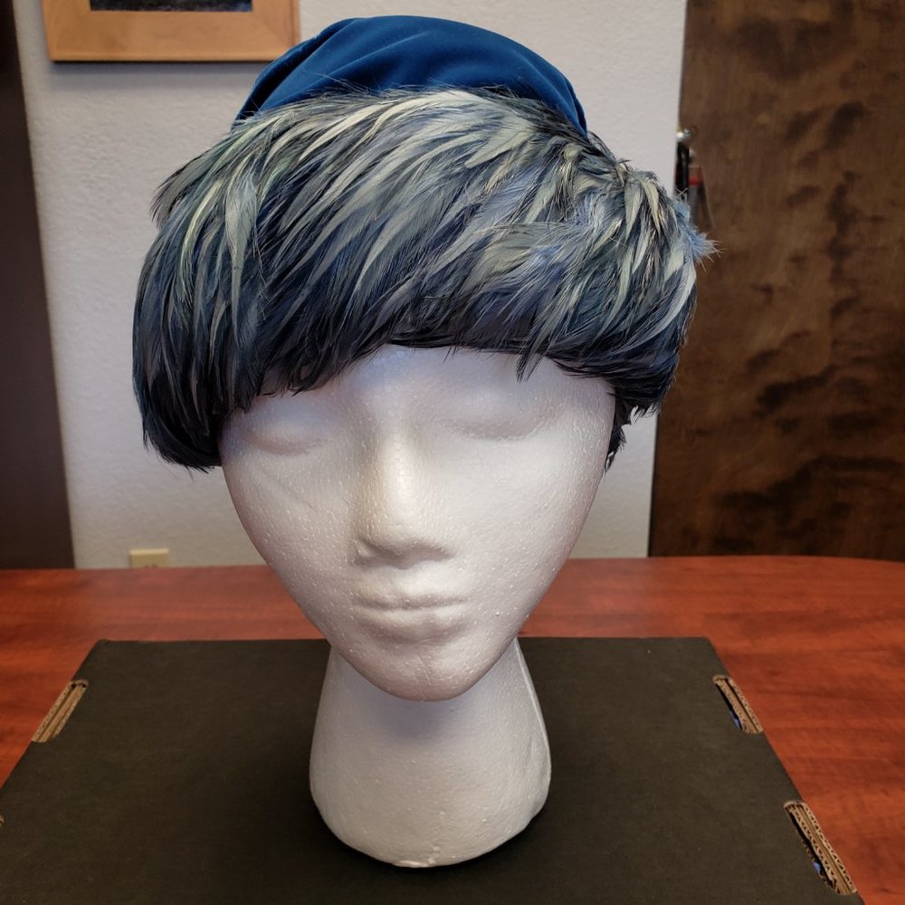 Vintage Blue Velvet with Feathers Turban Style Hat